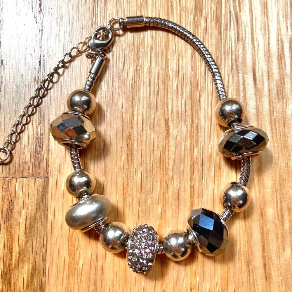 Silver & Black Beaded Charm Bracelet